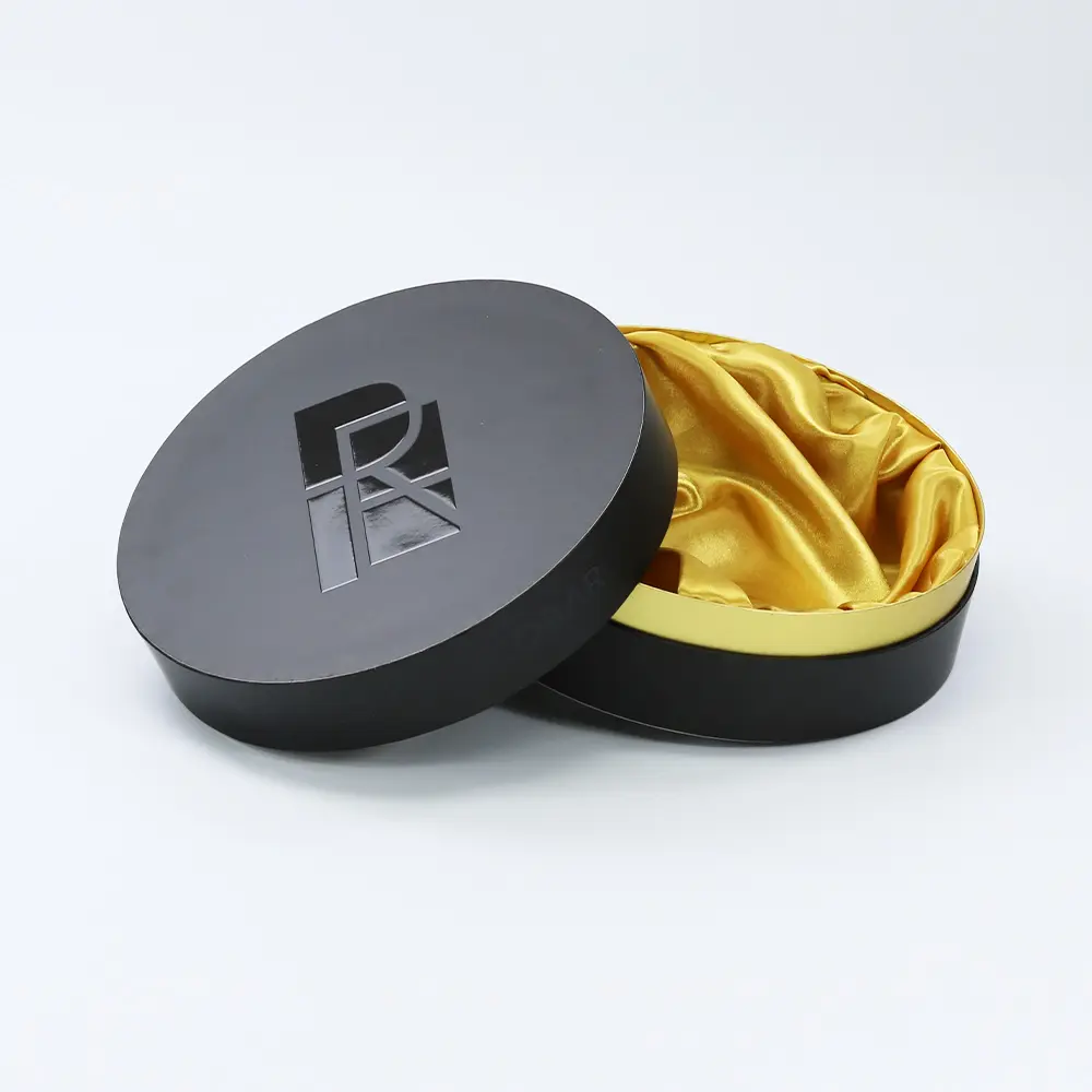 Customized satin lined round paper box with UV logo